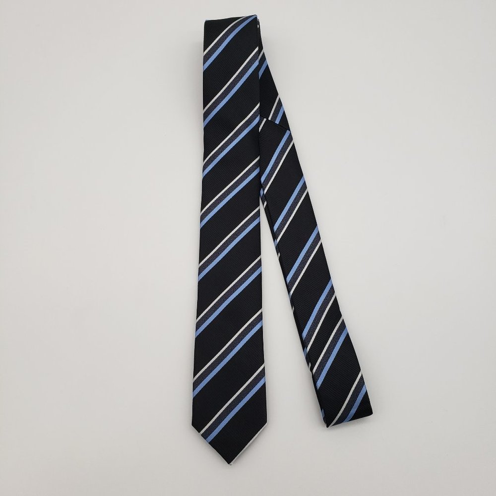 Laurant Bennet Milano Men's Dress Skinny Neck Tie Black Blue Stripe 57"L 2 1/8"W - Picture 8 of 8